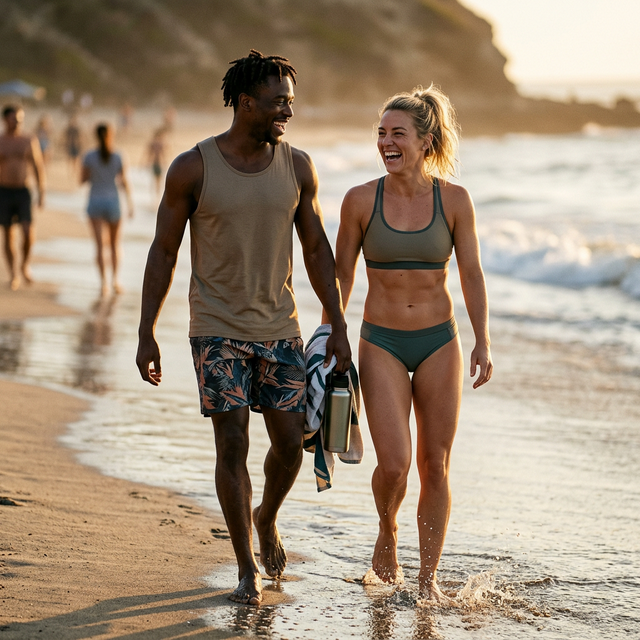 Fit man and woman walking on the beach